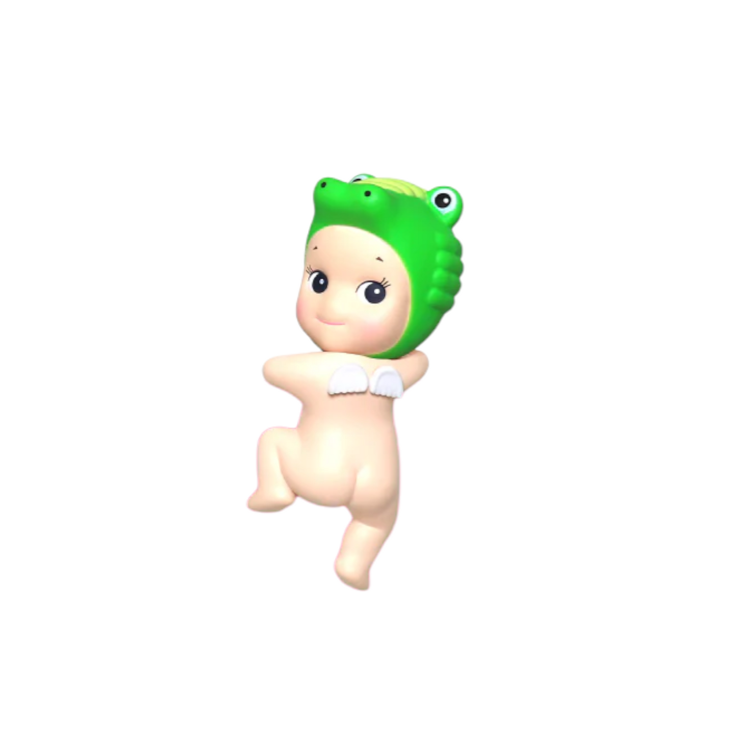 Toy figure of a baby with a green alligator cap on a white background