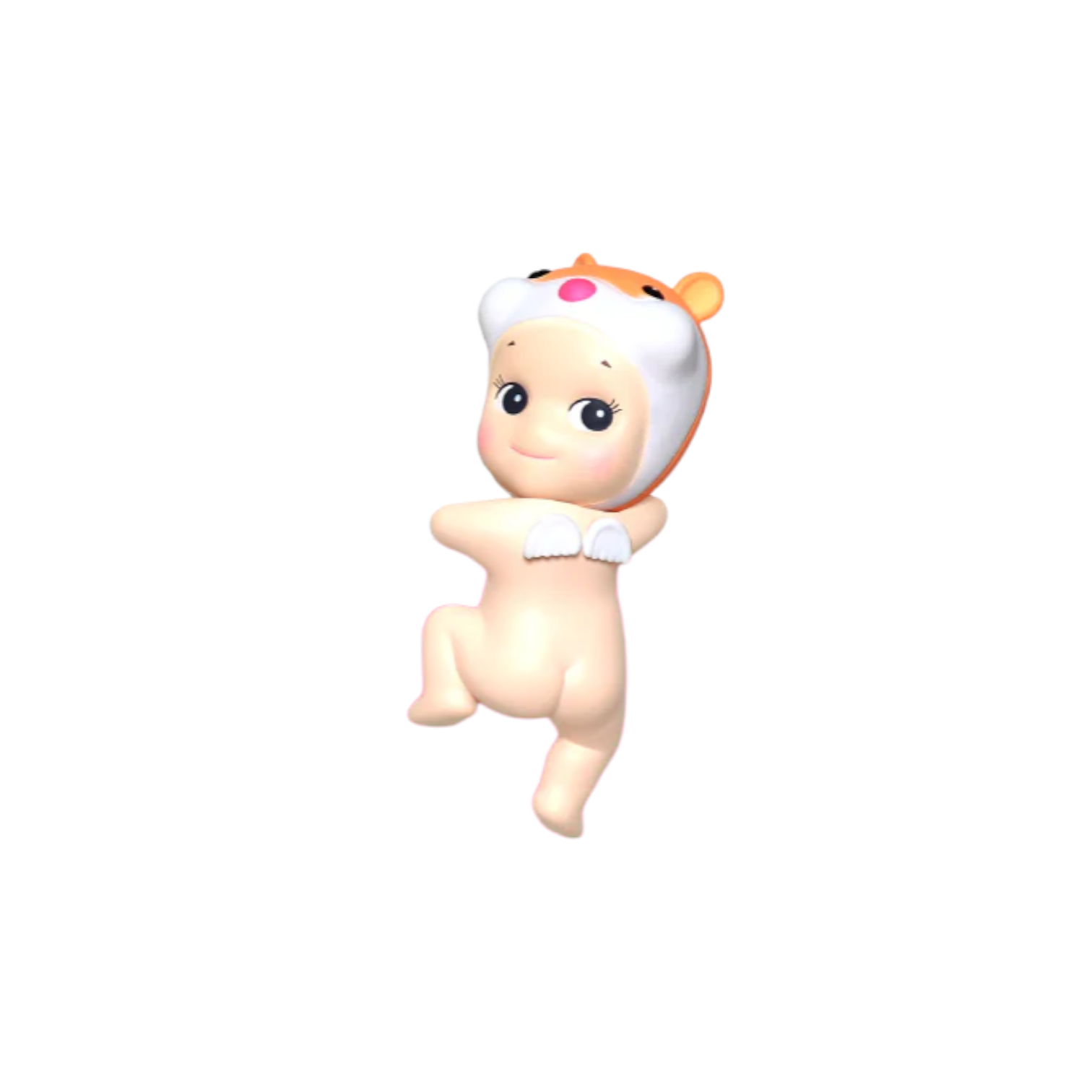 Toy figure of a baby with a hampster cap on a white background