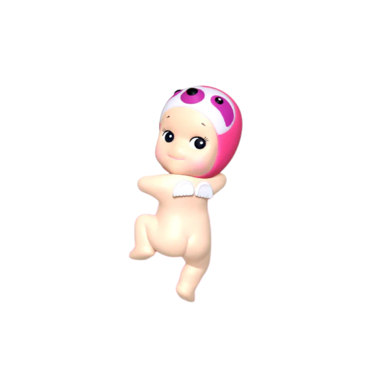 Toy figure of a baby with a pink sloth cap on a white background