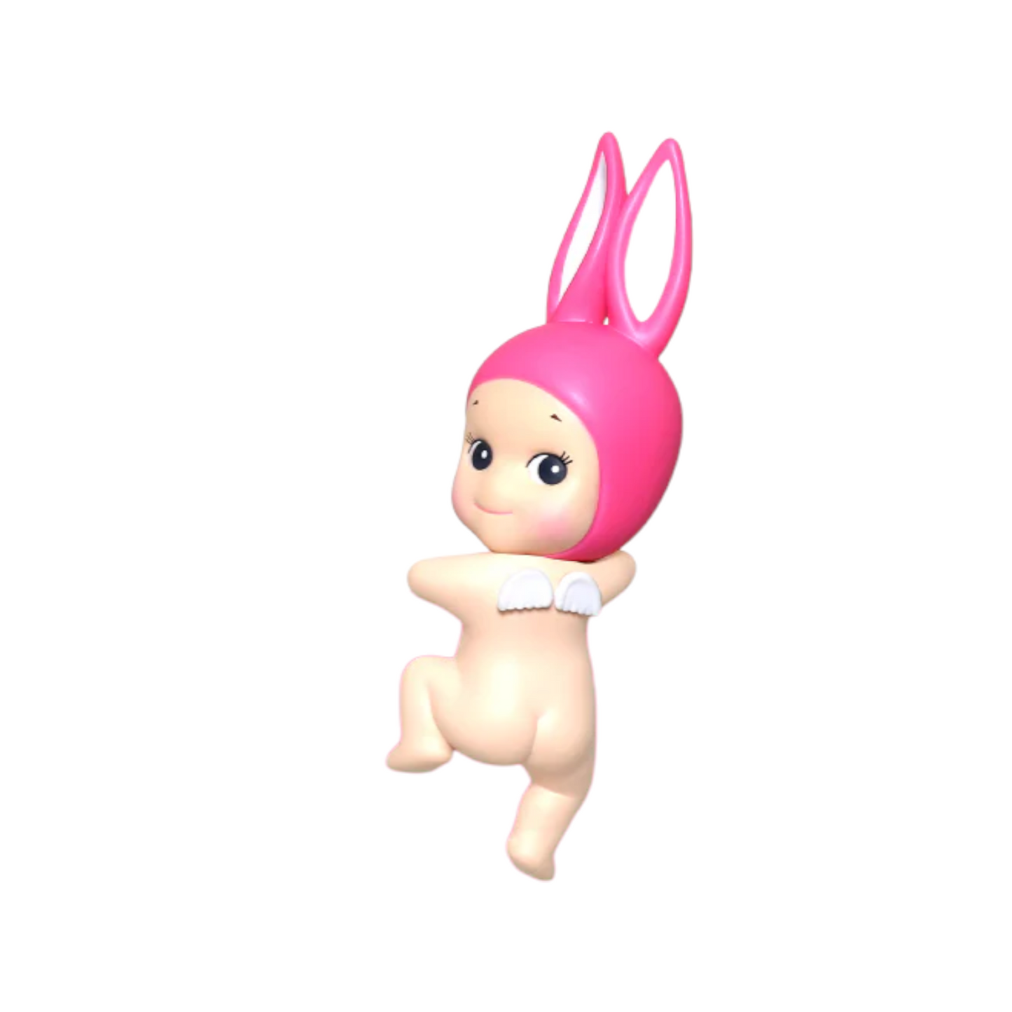 Toy figure with pink bunny ears on a white background