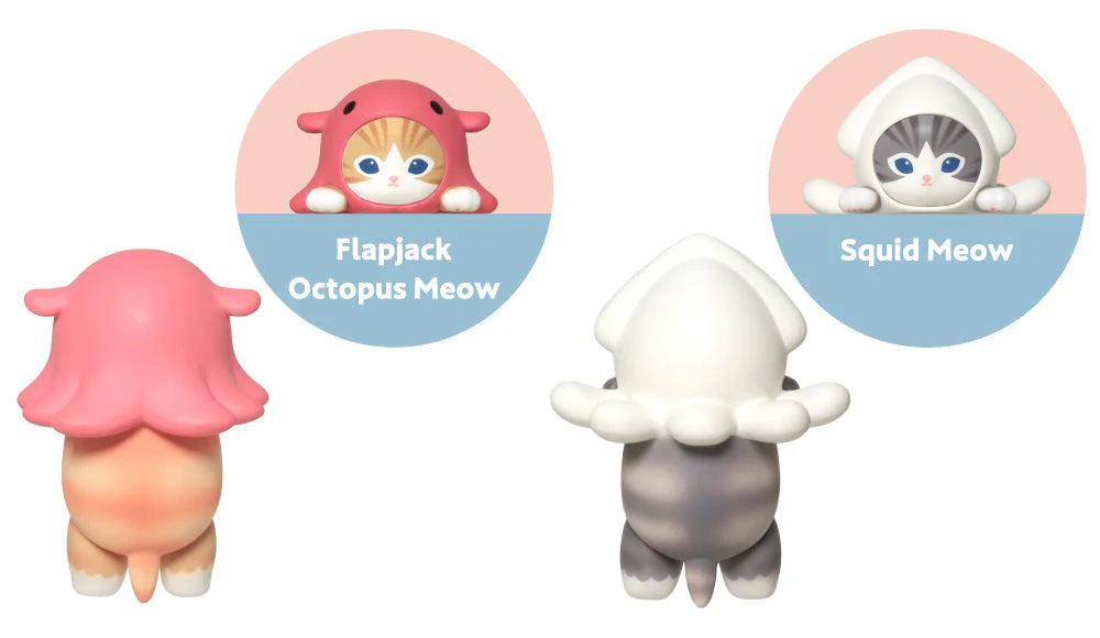 Two cartoon-like figurines, 'Flapjack Octopus Meow' and 'Squid Meow', with inset images on a white background.