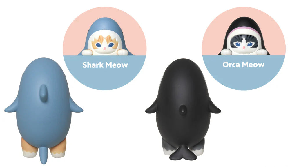 Two figurines labeled 'Shark Meow' and 'Orca Meow' on a white background.