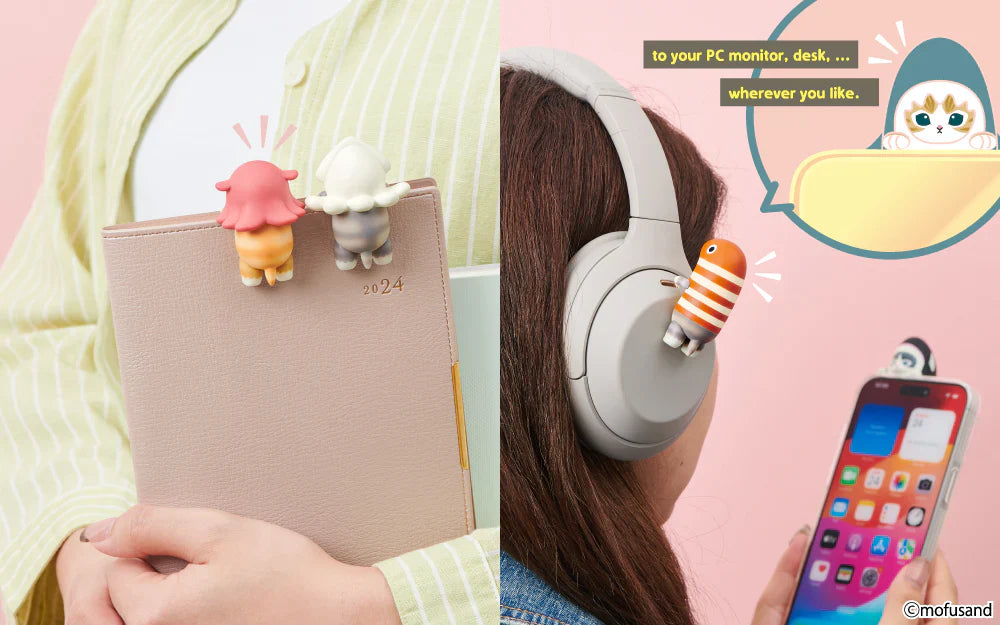 Collage of a notebook with a small Sonny Angel Mofusand figurine and a person wearing headphones with a mofusand figure, on a pink background.
