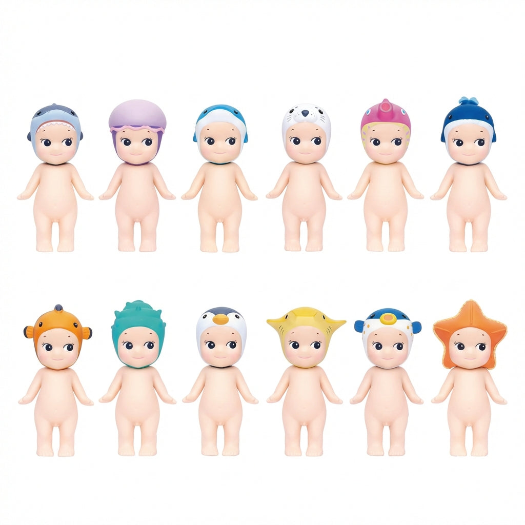 Sonny Angel Marine Series lineup showing 12 mini figures with sea creature headgear on a white background