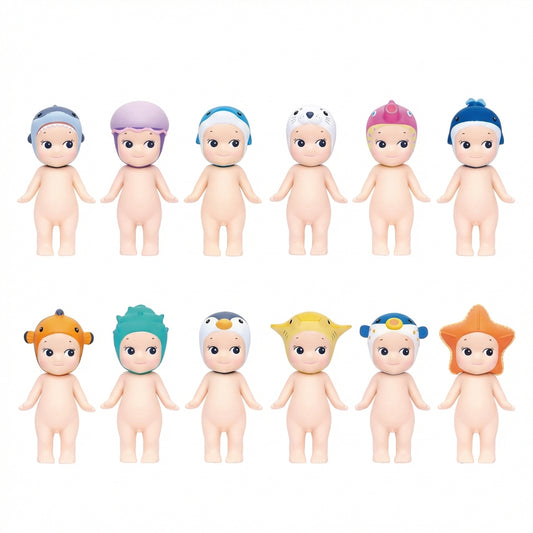 Sonny Angel Marine Series lineup showing 12 mini figures with sea creature headgear on a white background