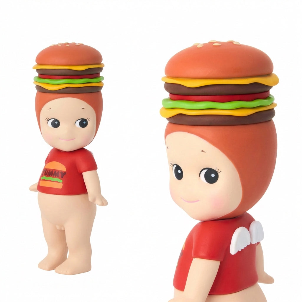 Two toy figures with hamburger heads on a white background