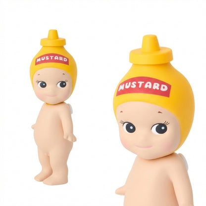 Two figurines resembling bottles of mustard with yellow hats on a white background