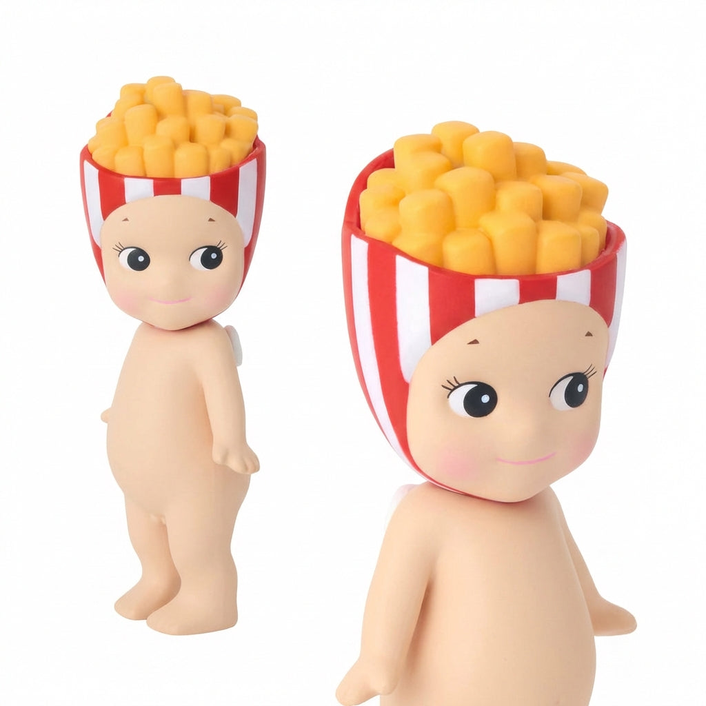 Two figurines with popcorn hats on a white background