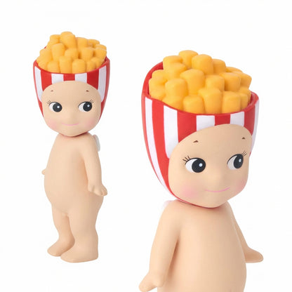 Two figurines with popcorn hats on a white background