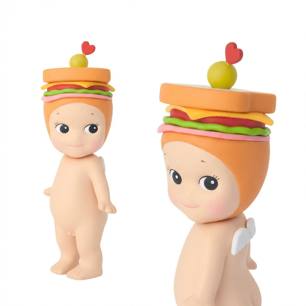 Two baby figurines with sandwich-shaped heads on a white background