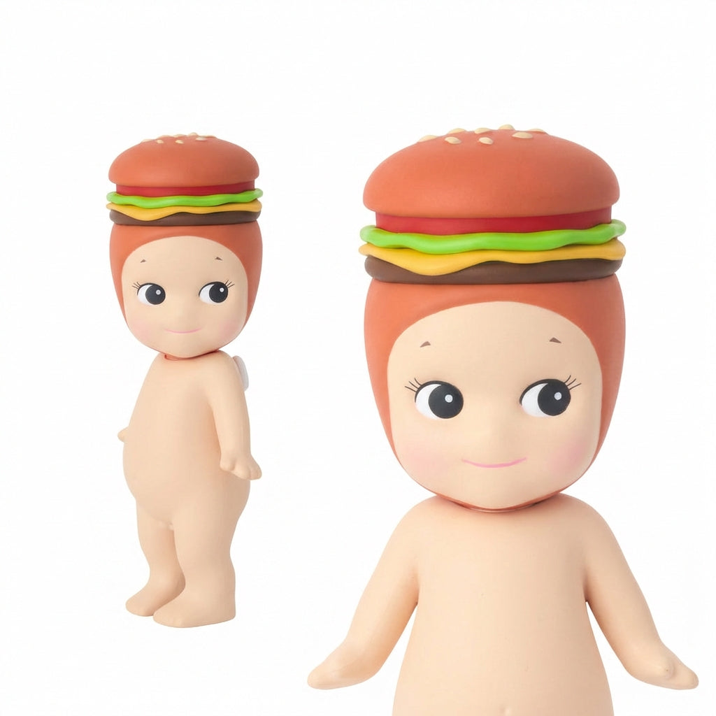 Two dolls with hamburger-shaped heads on a white background