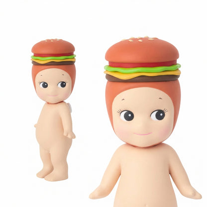 Two dolls with hamburger-shaped heads on a white background
