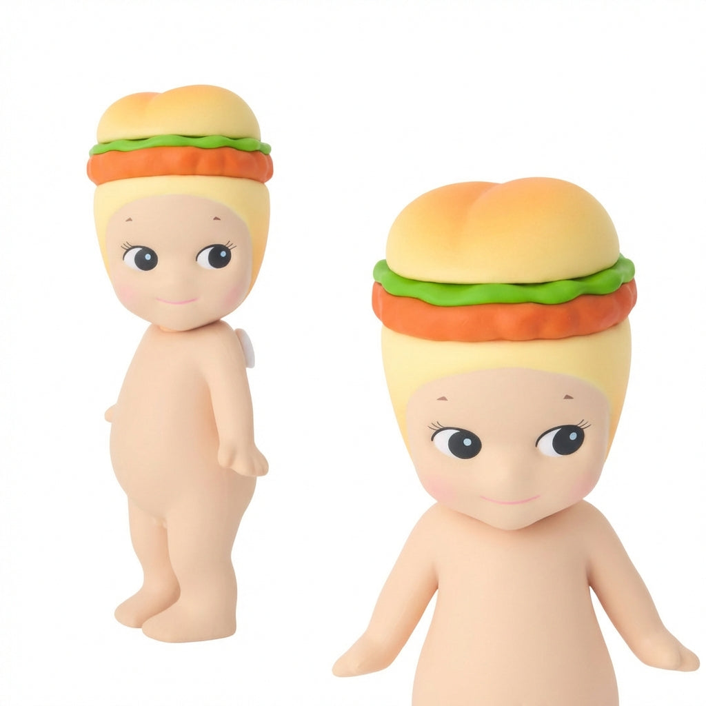 Two dolls with burger hats on a white background
