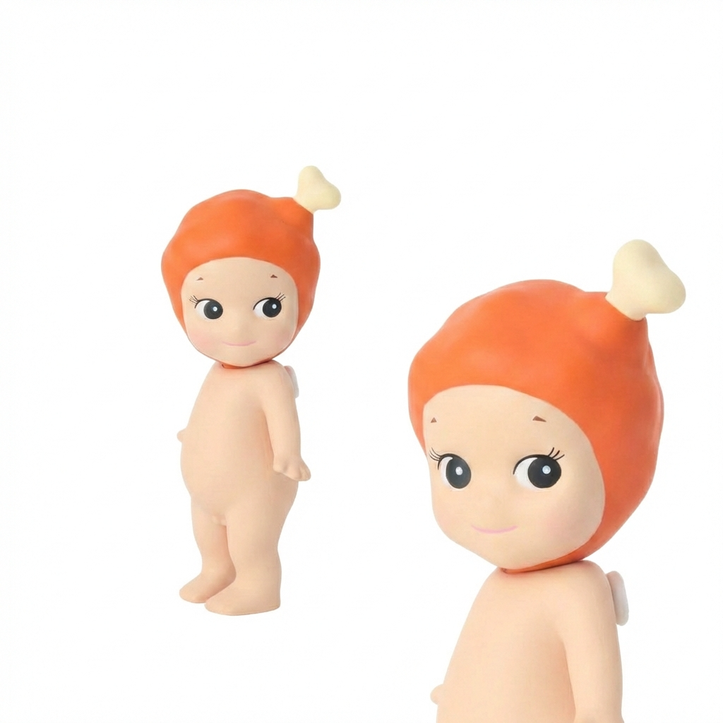 Two baby dolls with orange hair and hats on a white background