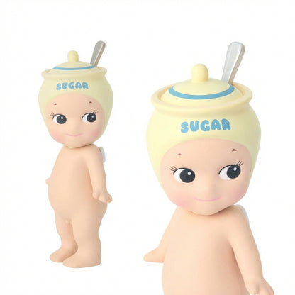 Two dolls with sugar containers on their heads, labeled 'Sugar'.