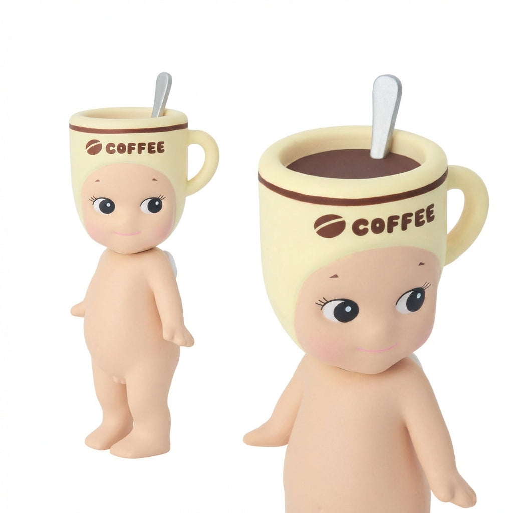 Two baby dolls with coffee cups on their heads, one with a spoon in the cup.