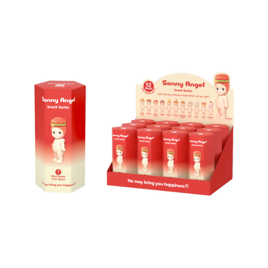 Sonny Angel Snack Series blind box packaging and countertop display showing assorted boxes and lineup card