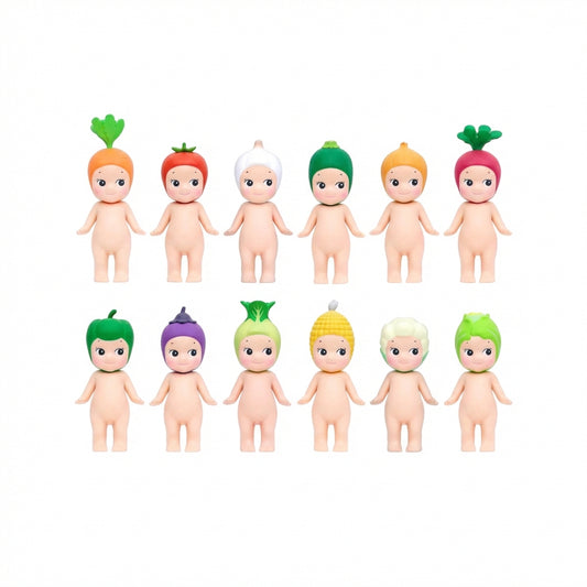 Sonny Angel Vegetable Series lineup chart showing 12 mini figures with vegetable headgear on a white background