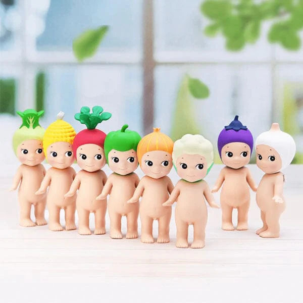 Sonny Angel Vegetable Series mystery blind box mini figure featuring cherub characters wearing various vegetable headgear.