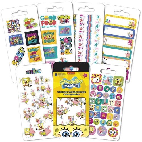 Six sheets of officially licensed SpongeBob SquarePants stickers by Sandylion featuring SpongeBob, Patrick, and fun quotes.