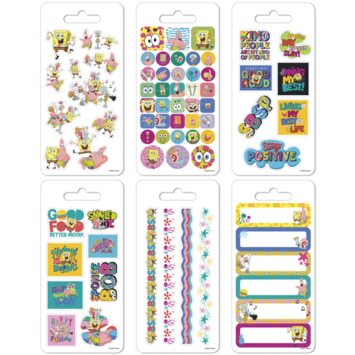 Collection of colorful stickers with cartoon characters on white cards