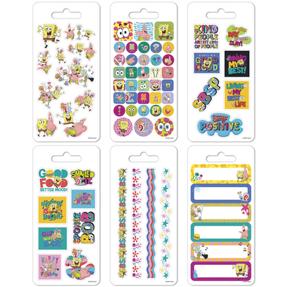 Collection of colorful stickers with cartoon characters on white cards
