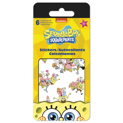 Pack of SpongeBob SquarePants stickers with cartoon characters on a yellow background