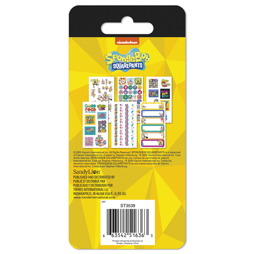 Packaged stickers with SpongeBob SquarePants design on a yellow background