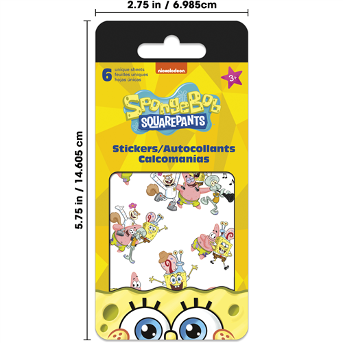 SpongeBob SquarePants sticker pack with dimensions and Nickelodeon branding