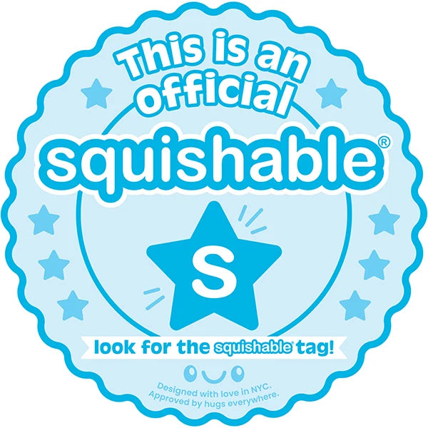 A circular light blue and white official Squishable tag graphic with the text 'This is an official squishable' and a large star containing an S in the center.