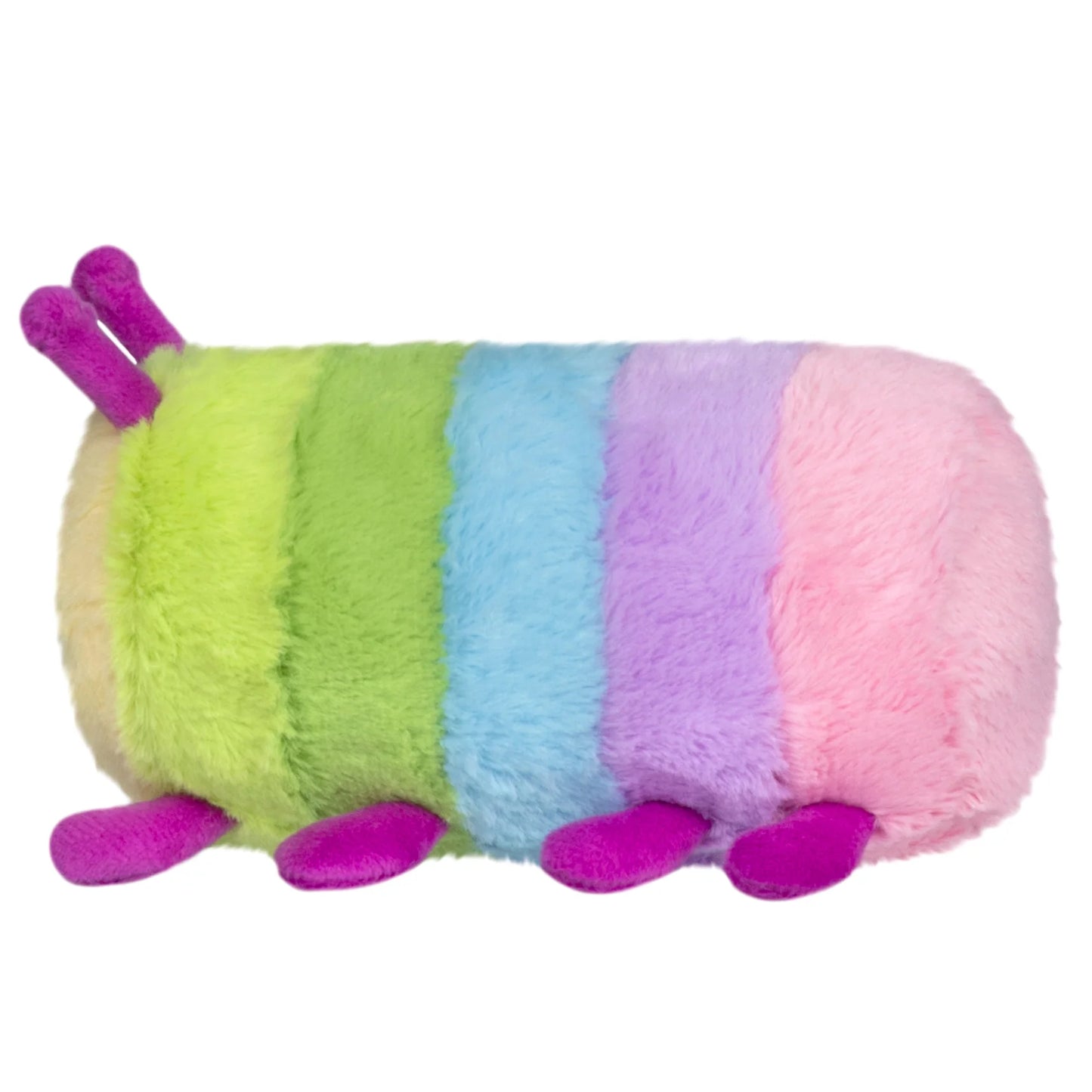 Squishable Snacker Rainbow Caterpillar S1E5 Limited Edition plush with pastel rainbow segments, magenta antennae, and small legs.