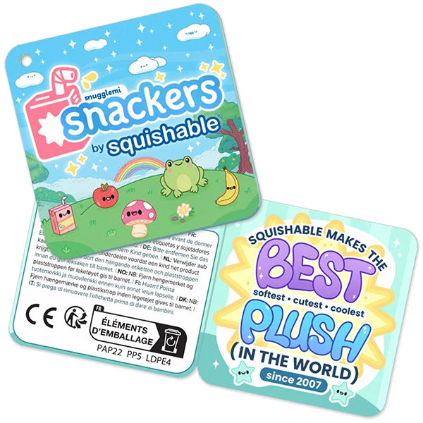 Two printed product cards for a squishable toy, shown on a plain white background. One card is bright blue with the text 'snackers by squishable' and cartoon graphics; the other card is light blue with promotional text including 'BEST PLUSH (IN THE WORLD) since 2007'.