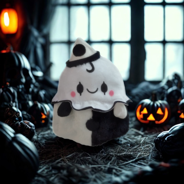 Squishable Alter Egos ghost clown plush toy with Halloween pumpkins and decorations in the background