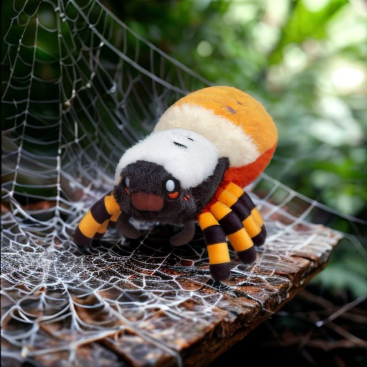 Squishable Mini Ober Weaver Spider Plush toy on a spider web with a blurred natural background