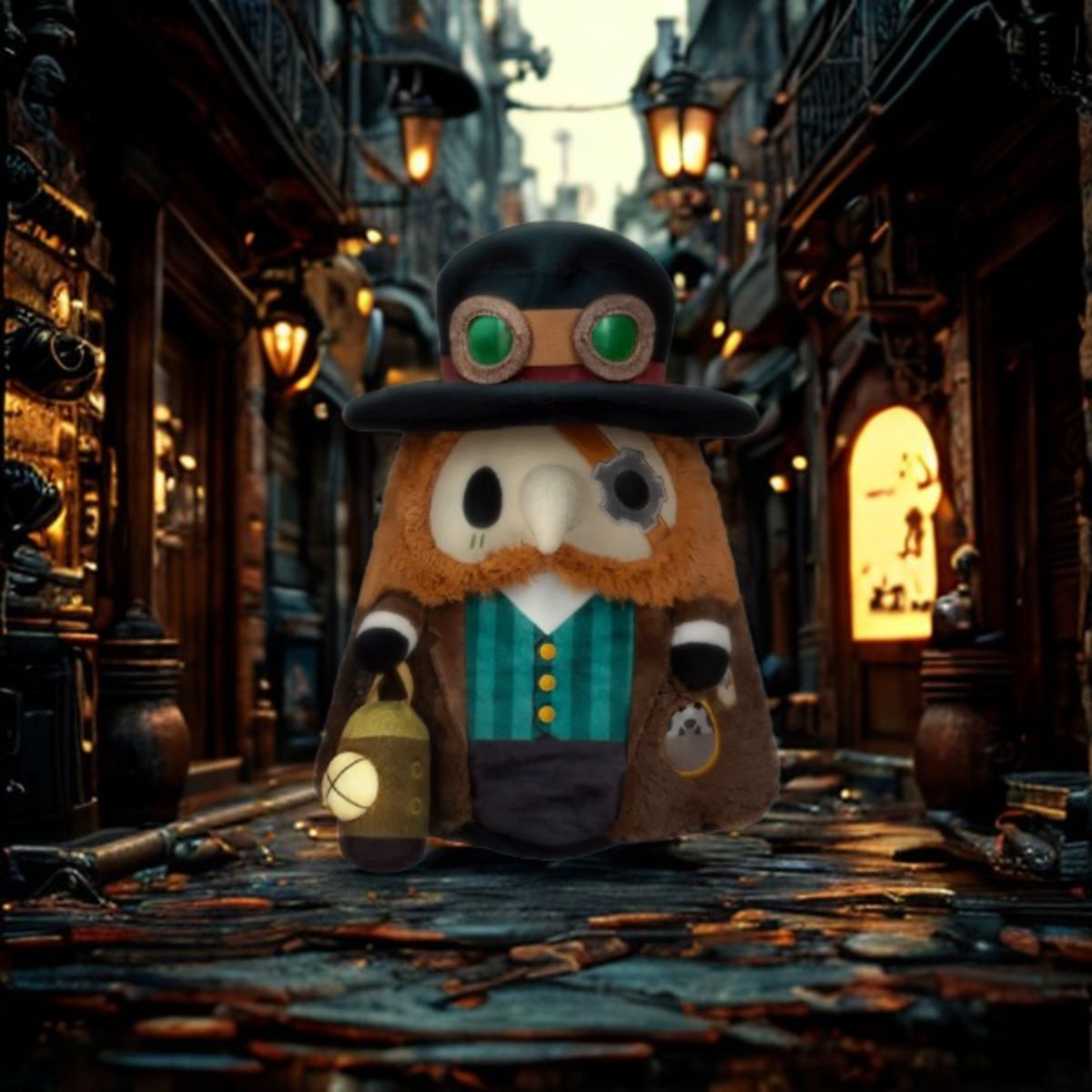 Squishable Plague Doctor character in a steampunk setting with lantern and goggles