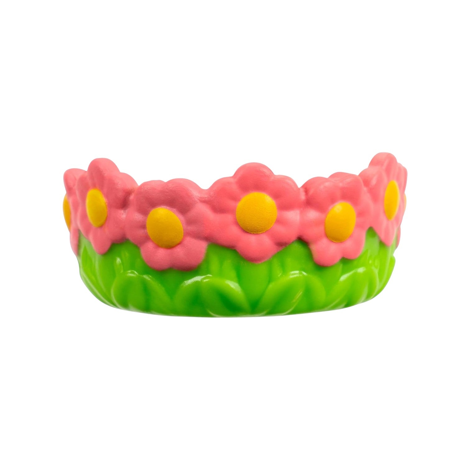 Flower-shaped toy with pink flowers and yellow centers on a white background