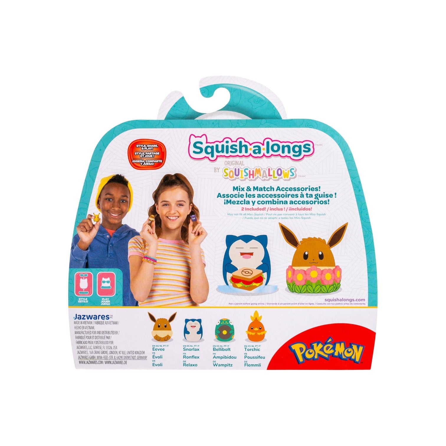 Squishalongs packaging with two children and a Squishalongs character on a white background