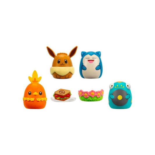 Pokémon Squish-a-longs 4-Pack featuring mini squishy figures of Eevee, Snorlax, Bellibolt, and Torchic with accessories in red packaging.