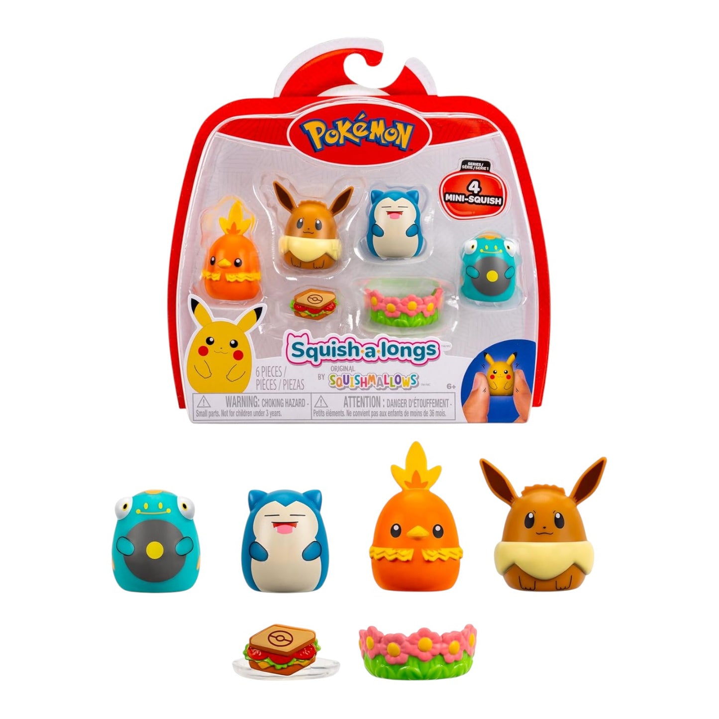 Pokémon Squish-a-longs 4-Pack featuring mini squishy figures of Eevee, Snorlax, Bellibolt, and Torchic with accessories in red packaging.