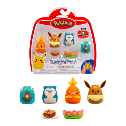 Pokémon Squish-a-longs 4-Pack featuring mini squishy figures of Eevee, Snorlax, Bellibolt, and Torchic with accessories in red packaging.