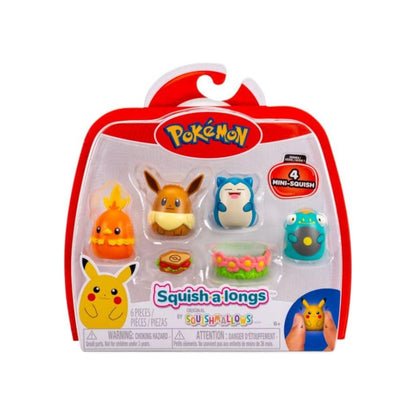 Pokémon Squish-a-longs 4-Pack featuring mini squishy figures of Eevee, Snorlax, Bellibolt, and Torchic with accessories in red packaging.