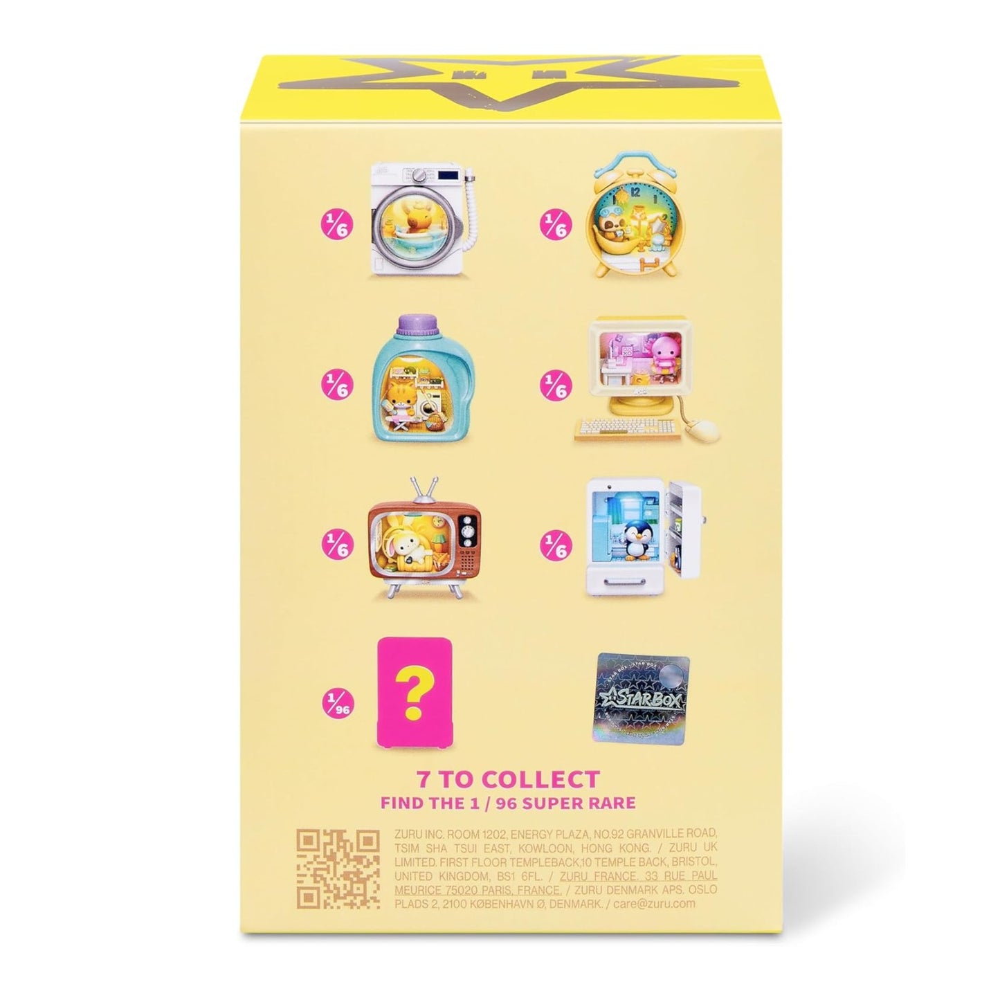 Yellow collectible toy box with cartoon characters and a question mark, indicating rarity.