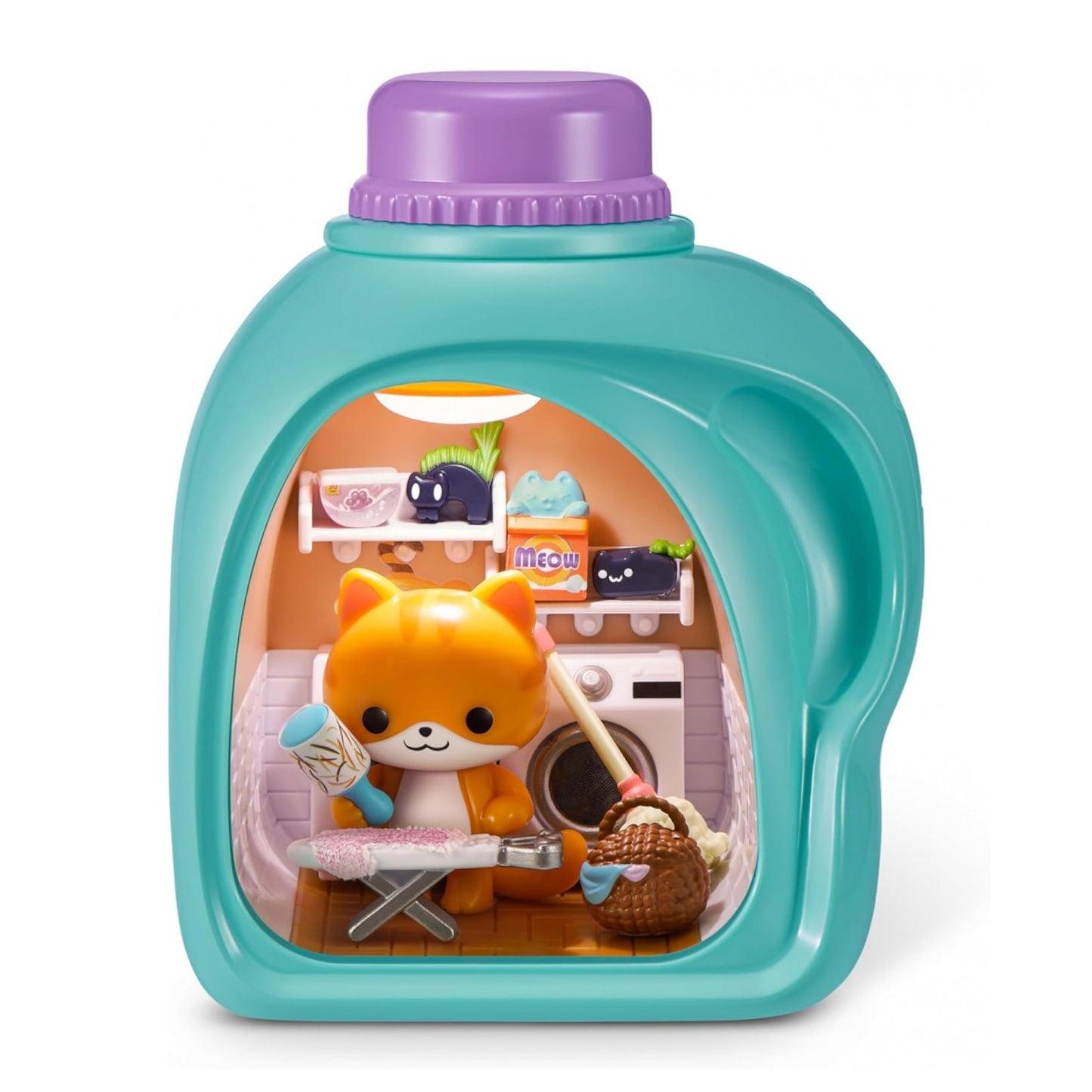 Toy figure of a cat in a laundry room inside a toy detergent bottle packaging.
