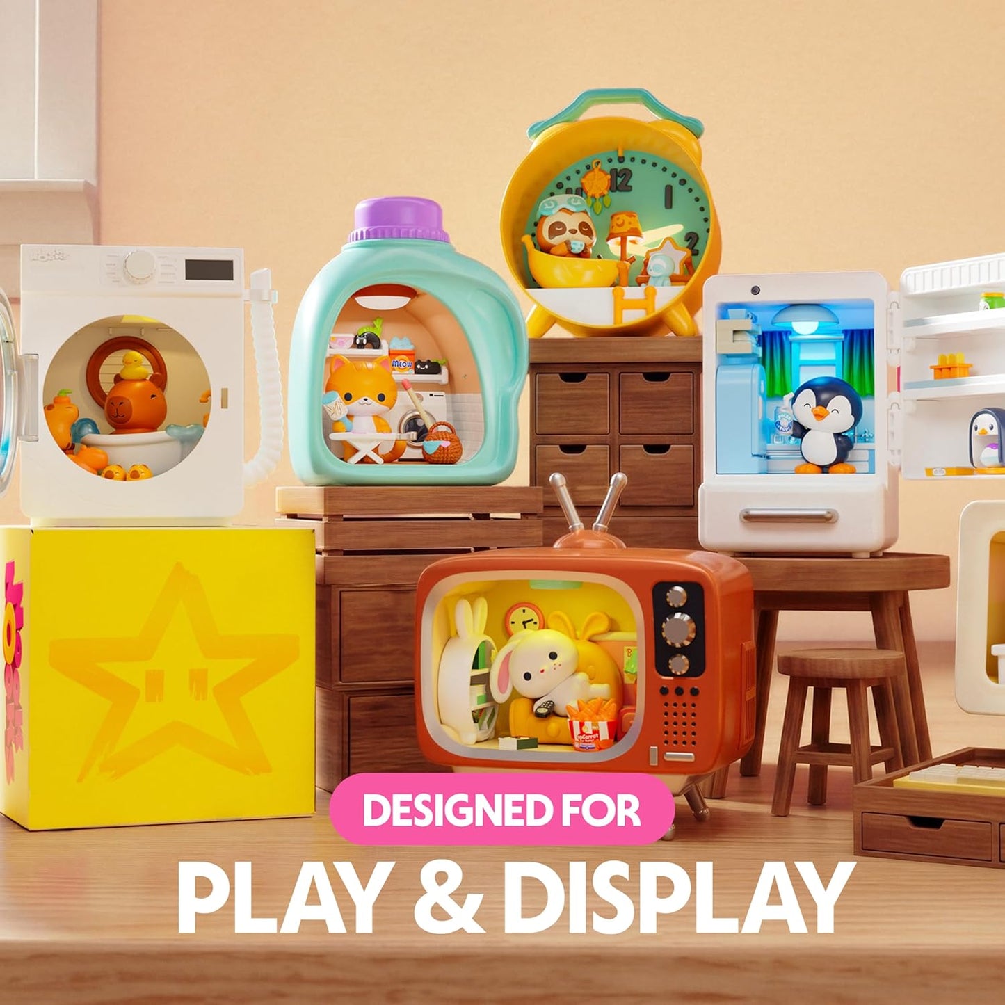 Collection of toy sets designed for play and display on a wooden surface.