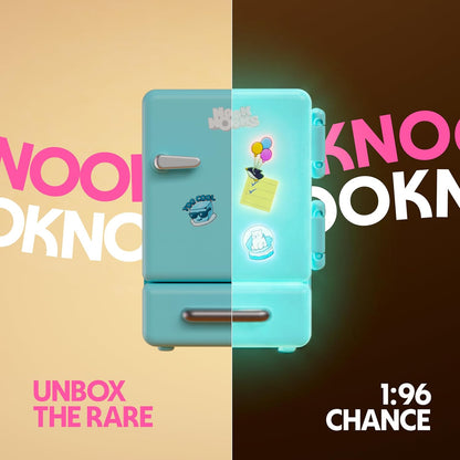 Toy refrigerator with stickers on a split background 