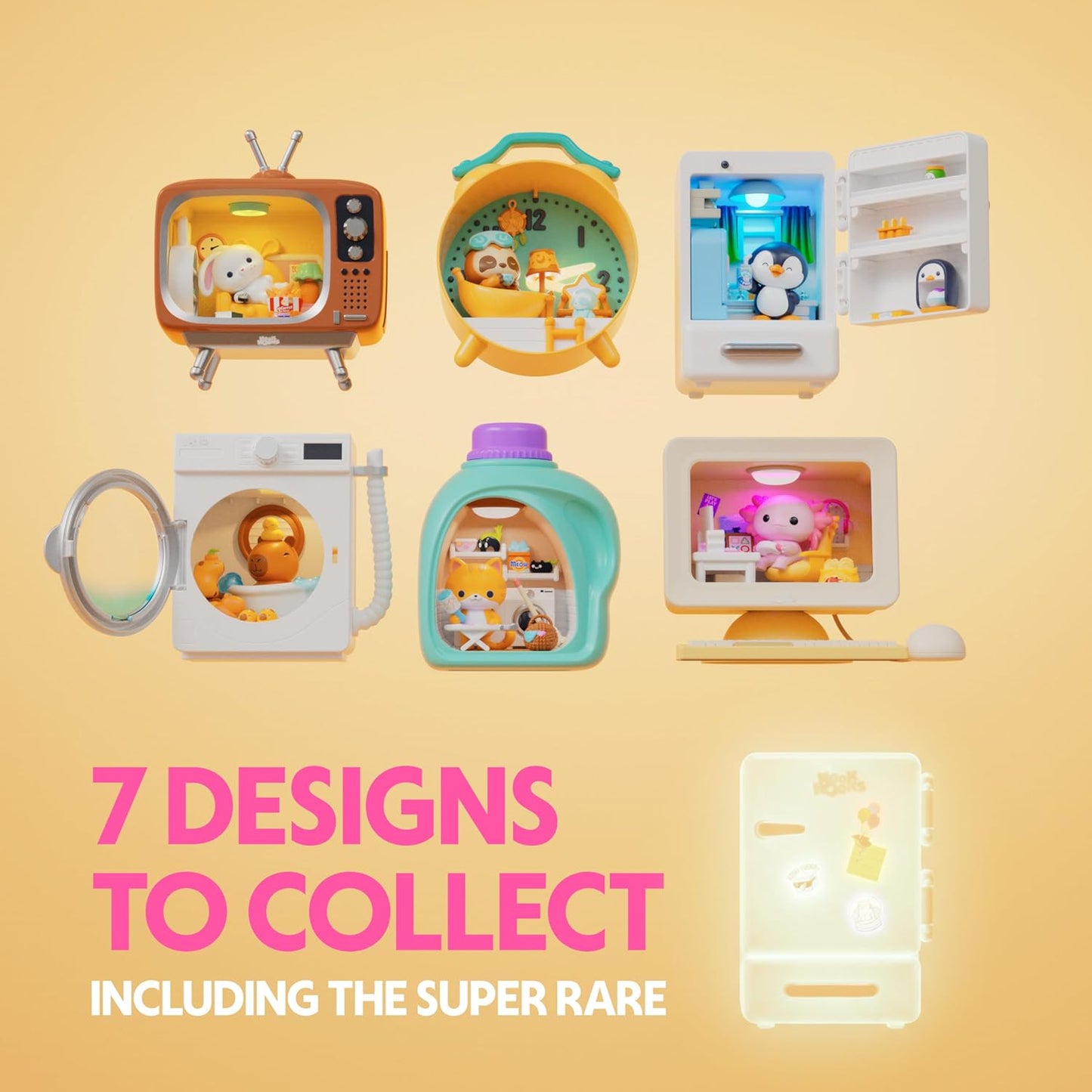 Collection of small toys with cartoon characters on a yellow background, featuring text about designs to collect.