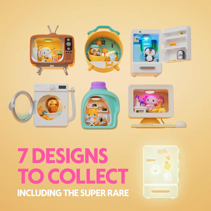Collection of small toys with cartoon characters on a yellow background, featuring text about designs to collect.