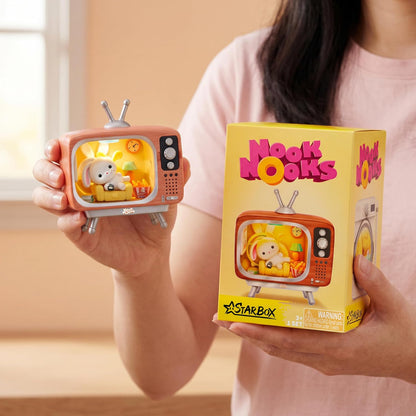 Person holding a toy television set and its packaging with 'Nook Nooks' branding.