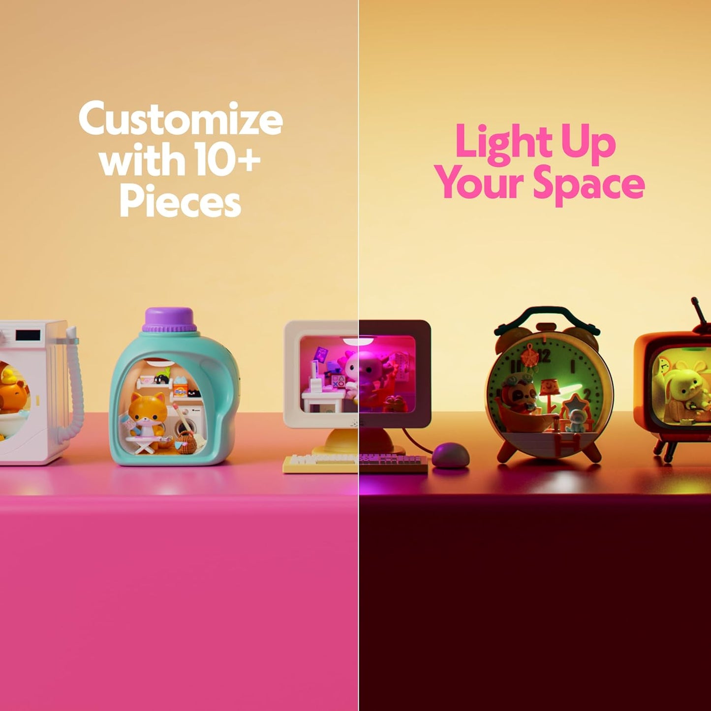 Decorative items with text 'Customize with 10+ Pieces' and 'Light Up Your Space' on a pink and yellow background.
