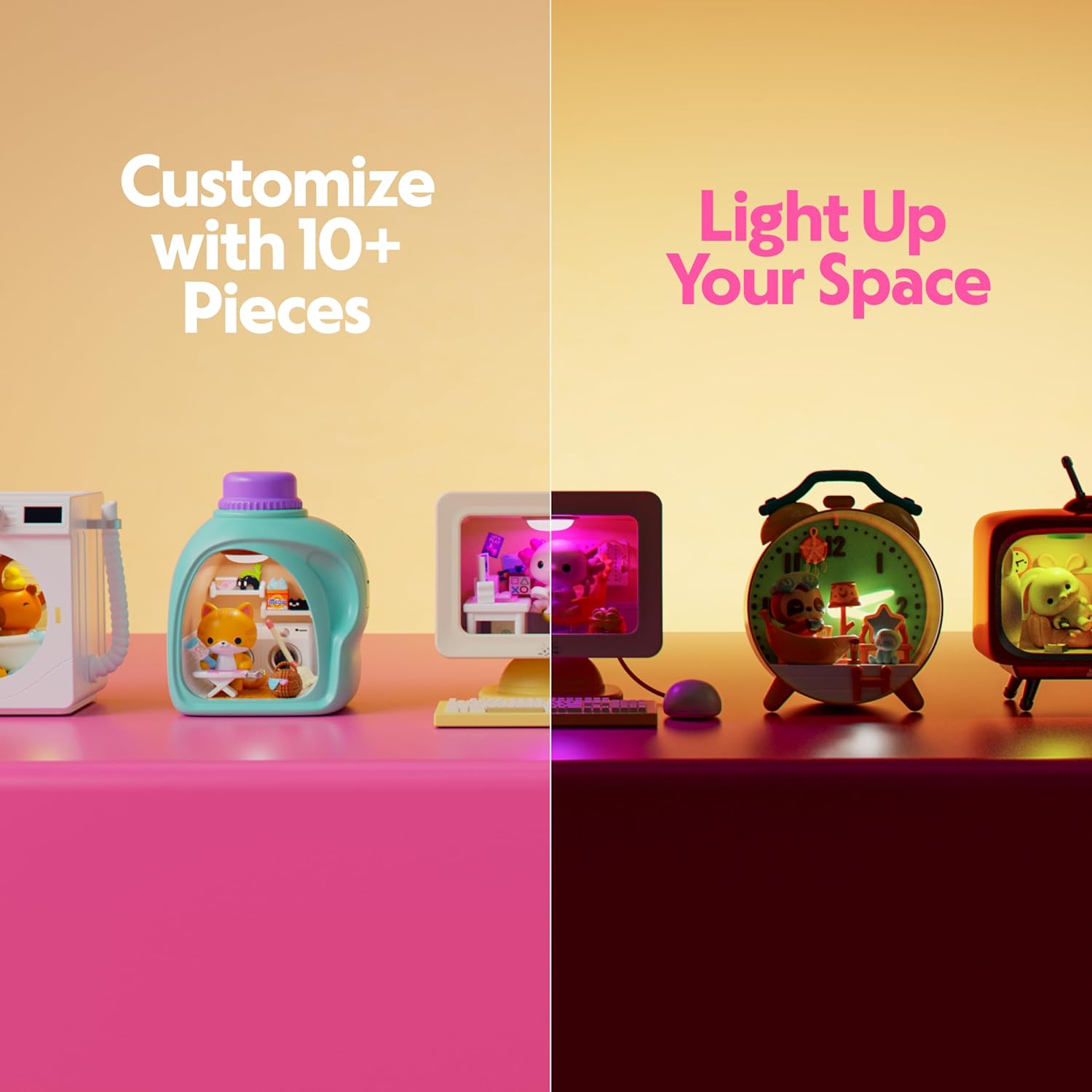 Decorative items with text 'Customize with 10+ Pieces' and 'Light Up Your Space' on a pink and yellow background.